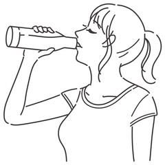 マイボトルで水を飲む女性　線画