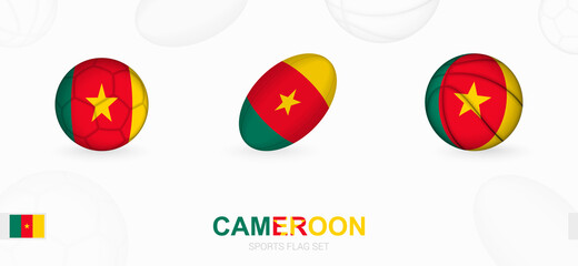 Sports icons for football, rugby and basketball with the flag of Cameroon.