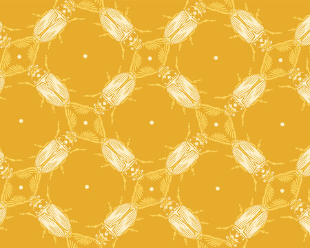Seamless pattern with detailed illustrations of feather-horn beetle insects on a dark yellow background in circular repeat.
