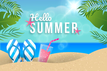 hello summer banner on the beach and the sea