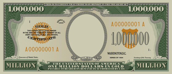 Fictional obverse of a gold certificate with a face value of 1,000,000 dollars. US paper money one million. Part one - obrazy, fototapety, plakaty