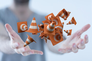 Traffic cones. Under construction sign. 3d