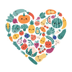 Kawaii vegetables and fruits in the shape of a heart. Healthy food concept for children. Cute cartoon food. Vector illustration.