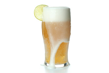 Glass of beer with lime isolated on white background