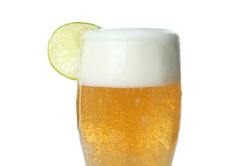Glass of beer with lime isolated on white background
