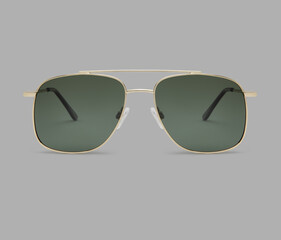 sunglasses golden metallic frame and green gradient polarized lenses isolated on gray background
