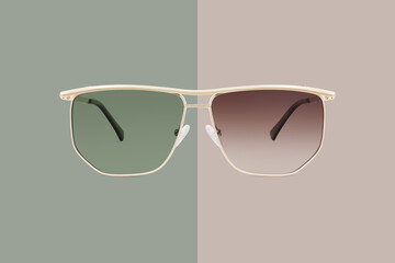 sunglasses golden metallic frame and green and brown gradient polarized lenses isolated on...
