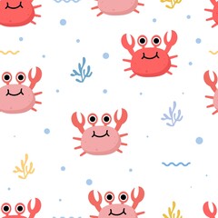 Seamless pattern with cute crab and seaweeds