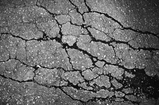 A network of black cracks on the asphalt surface. Small light stones are visible in the composition.