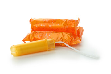 Orange unused tampons isolated on white background - obrazy, fototapety, plakaty