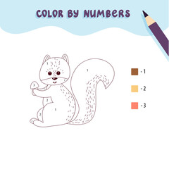 Color cute squirrel and mushroom by number. Educational math game for children. Coloring page