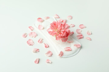 Hygiene pad with flower and petals on white background