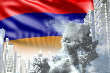 huge smoke column in the modern city - concept of industrial blast or act of terror on Armenia flag background, industrial 3D illustration