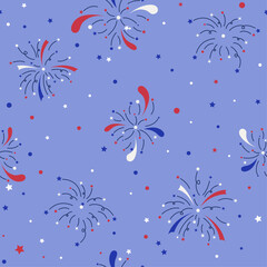Seamless pattern of the fireworks to the Independence Day and Bastille Day in the national colors of the flags. Blue, White and red firework. The pattern is fixed in swatches. Vector illustration