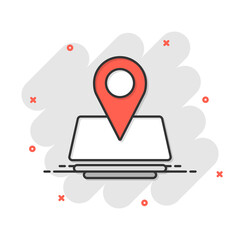Map pin icon in comic style. Gps navigation cartoon vector illustration on white isolated background. Locate position splash effect business concept.