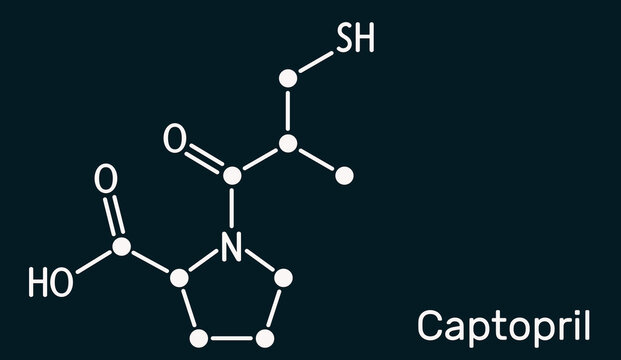 Captopril molecule. It is angiotensin-converting enzyme inhibitor, ACE inhibitor, used in the treatment of hypertension, high blood pressure. Skeletal chemical formula, dark blue background