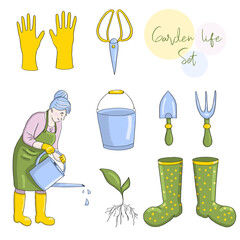 Set of gardening tools and items and an elderly woman working in a vegetable garden
