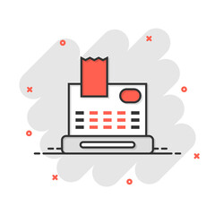 Cash register icon in comic style. Check machine cartoon vector illustration on white isolated background. Payment splash effect business concept.