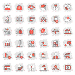 Business icon set in comic style. Finance investment cartoon vector illustration on white isolated background. Financial currency splash effect business concept.