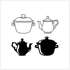 Stencil teapot and saucepan isolated on white. Kitchenware vector stock illustration. EPS 10