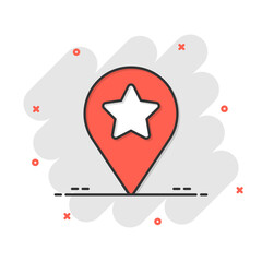 Map pin icon in comic style. GPS navigation cartoon vector illustration on white isolated background. Locate position splash effect business concept.