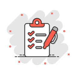 To do list icon in comic style. Document checklist cartoon vector illustration on white isolated background. Notepad check mark splash effect business concept.