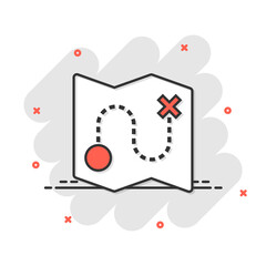 Map pin icon in comic style. GPS navigation cartoon vector illustration on white isolated background. Locate position splash effect business concept.