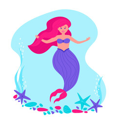 A plump little mermaid on a light background. Fairytale hero for the design of children's products. Neon bright colors. Flat vector illustration.