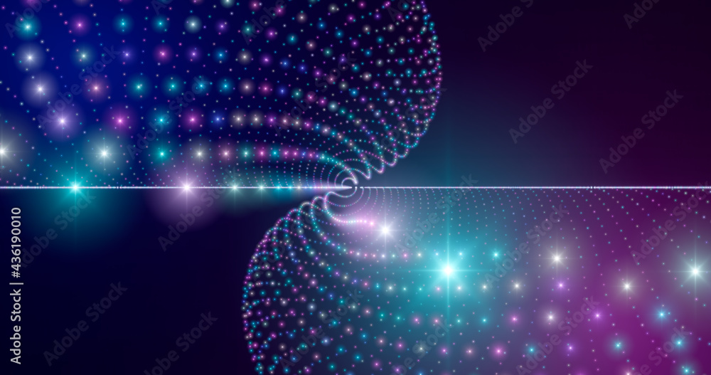 Poster 3d rendering. fantastic background of bright glowing particles in deep space. particle waves on blac
