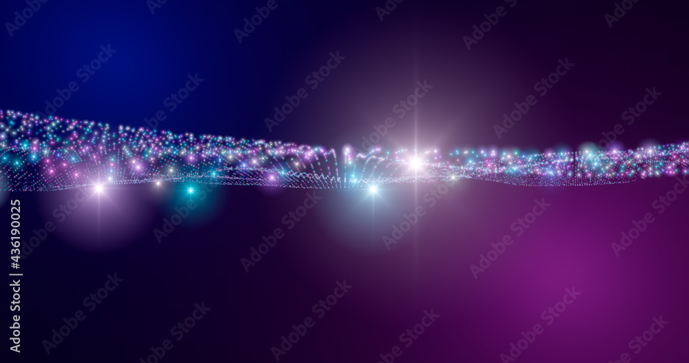 Poster 3d rendering. fantastic background of bright glowing particles in deep space. particle waves on blac