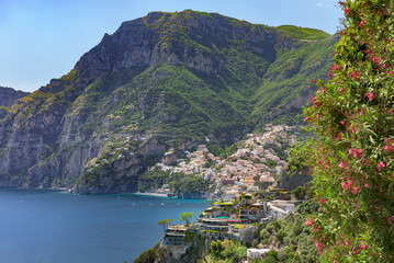 Positano, Italy. May 27th, 2020. Generic view from afar of Positano and the bay in front of it surrounded by the high coast of the Amalfi Coast.