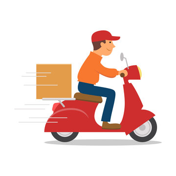 Delivery man riding motorcycle, Send order package to customer, Express delivery bike service, Flat design vector illustration