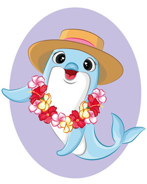 recommend clip art: cute happy dolphin with lei hawaii. summer concept