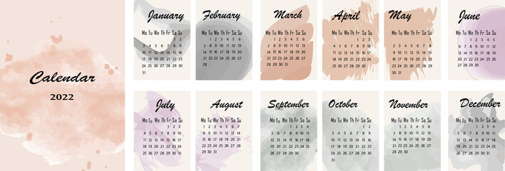 A4 calendar or planner 2022 watercolor. Cover and 12 monthly pages. Week starts on Monday, vector illustration pastel colors A3 A2 A6 - obrazy, fototapety, plakaty