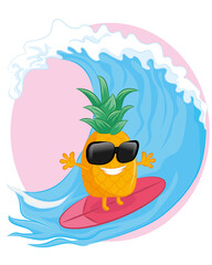 pineapple character on the surf board. summer time concept