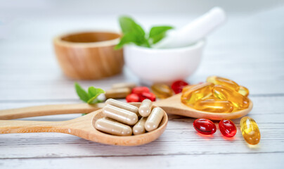 Alternative medicine herbal organic capsule with vitamin E omega 3 fish oil, mineral, drug with...