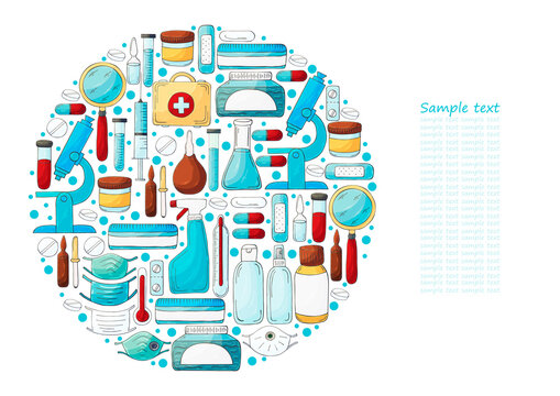 Round collection of vector illustrations, text. Laboratory assistant doctor tools set in hand draw style. Doctor's case