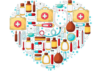Heart Collection of vector illustrations. Set of doctor's tools in hand draw style. Ambulance doctor tools
