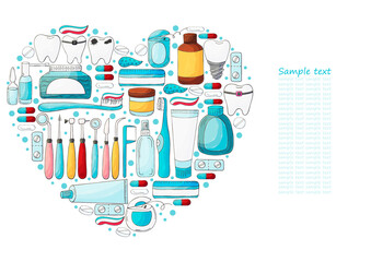 Heart collection of vector illustrations, text. Set of elements for the care of the oral cavity in hand draw style
