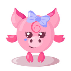 Funny cute kawaii pig with round body in flat design with shadows. Isolated animal vector illustration	