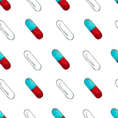 Vector Seamless pattern on a white background. Cartoon medical drugs. Background for packaging, advertising