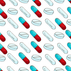 Vector Seamless pattern on a white background. Cartoon medical drugs in hand draw style. Background for packaging, advertising