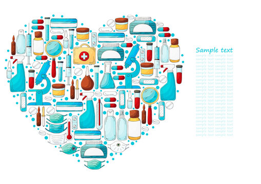 Heart Collection of vector illustrations, text. Laboratory assistant doctor tools set in hand draw style