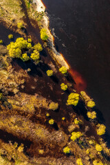 Flooded river bank in spring aerial