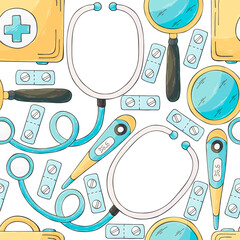 Seamless pattern on a white background. Cartoon medical instruments in hand draw style. Medical case, thermometer