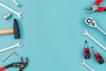 Working tools on a blue background. Father's day celebration concept. Copy plasticity for text.