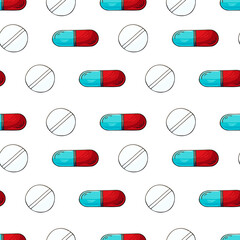 Cartoon medical drugs in hand draw style. Seamless pattern on a white background. Background for packaging, advertising