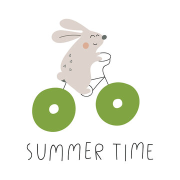Summer time. Little rabbit on bicycle. Birthday concept. Vector illustration for greeting card, t shirt, print, stickers, posters design.  