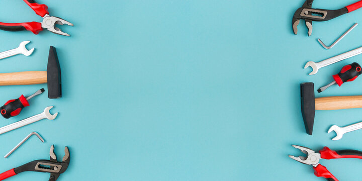 Working tools on a blue background. Father's day celebration concept. Copy plasticity for text. - Powered by Adobe