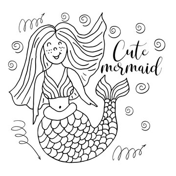Cute postcard in hand draw style. Picture on the marine theme. Cute mermaid